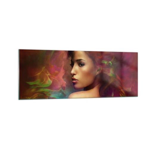 Obraz na szkle - Kobieta z kolorowymi refleksami tworzącymi abstrakcyjne tło - 140x50cm - Piękniejsza od tęczy, delikatna jak mgła - Nowoczesna dekoracja ścienna do salonu i sypialni ARTTOR