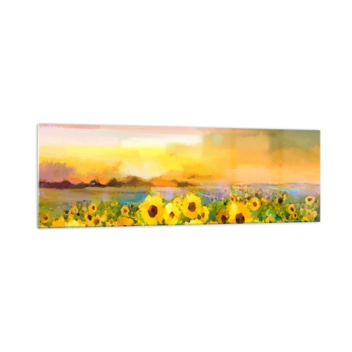 Obraz na szkle - Pole słoneczników w świetle zachodzącego słońca - 160x50cm - Samo słońce zstąpiło na ziemię - Nowoczesna dekoracja ścienna do salonu i sypialni ARTTOR