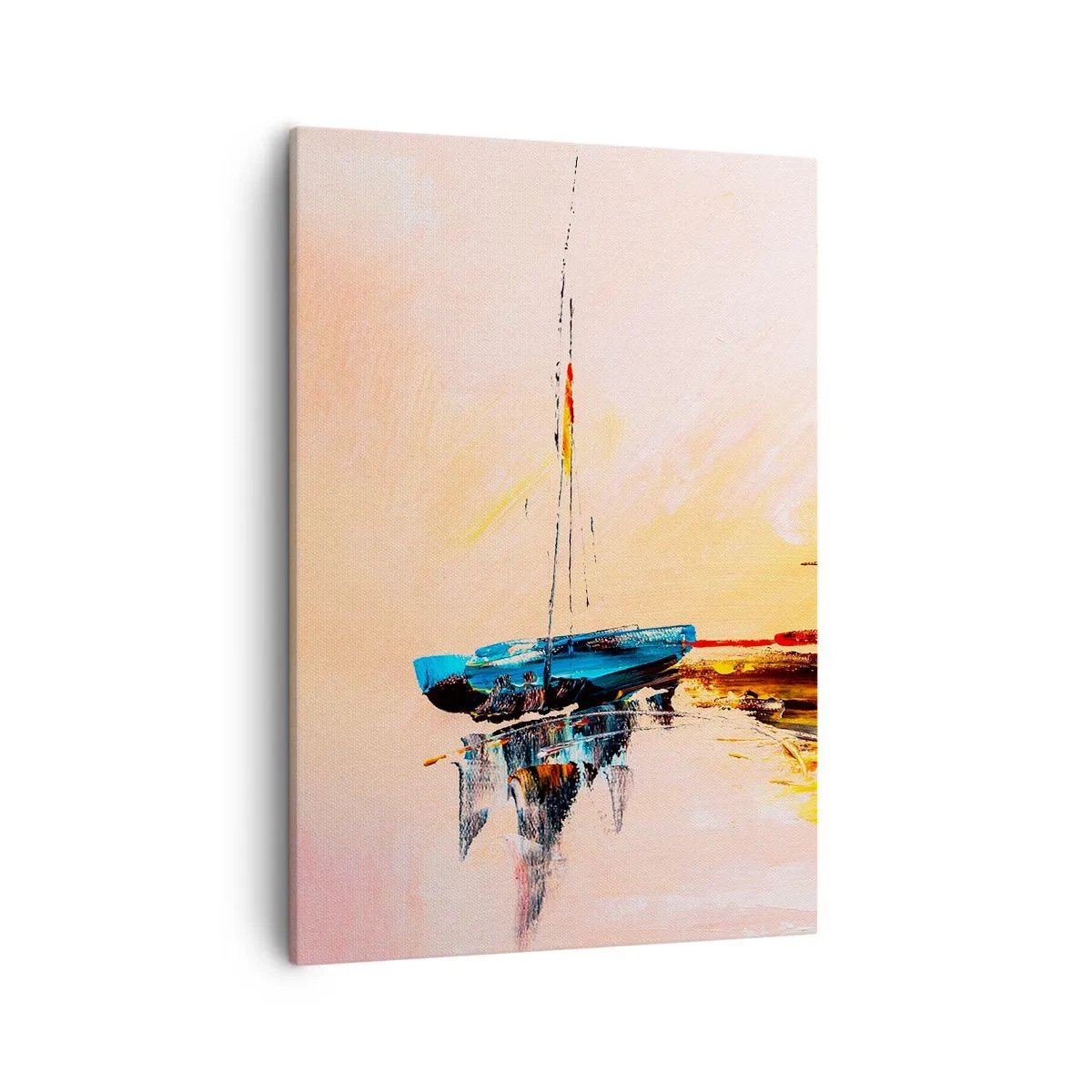 Obraz na płótnie - Kolorowa abstrakcyjna interpretacja żaglówki na spokojnej wodzie - 50x70cm - Wieczór w przystani - Nowoczesna dekoracja ścienna do salonu, kuchni i sypialni ARTTOR