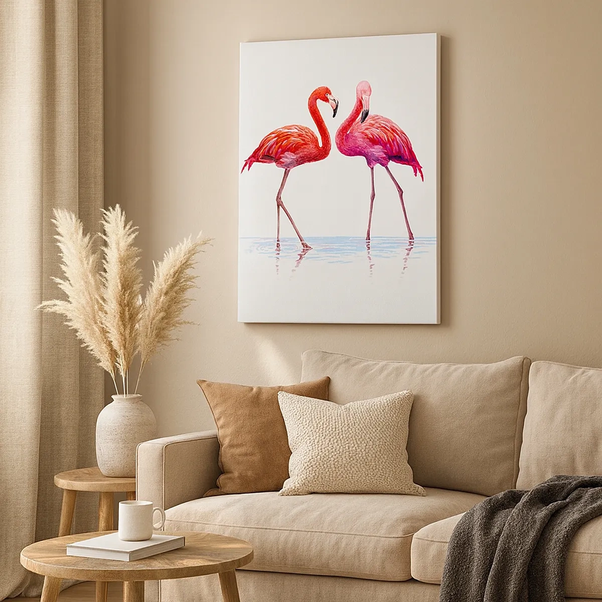 Obraz na płótnie - Dwa różowe flamingi stojące w wodzie na białym tle - 50x70cm - Różowe randez-vous - Nowoczesna dekoracja ścienna do salonu, kuchni i sypialni ARTTOR