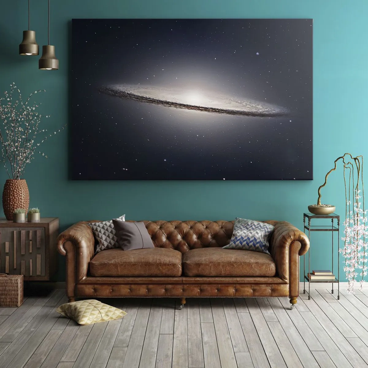 Obraz na płótnie - Spiralna galaktyka na tle gwiaździstego kosmosu - 70x50cm - Dawno temu w odległej galaktyce… - Nowoczesna dekoracja ścienna do salonu i sypialni ARTTOR