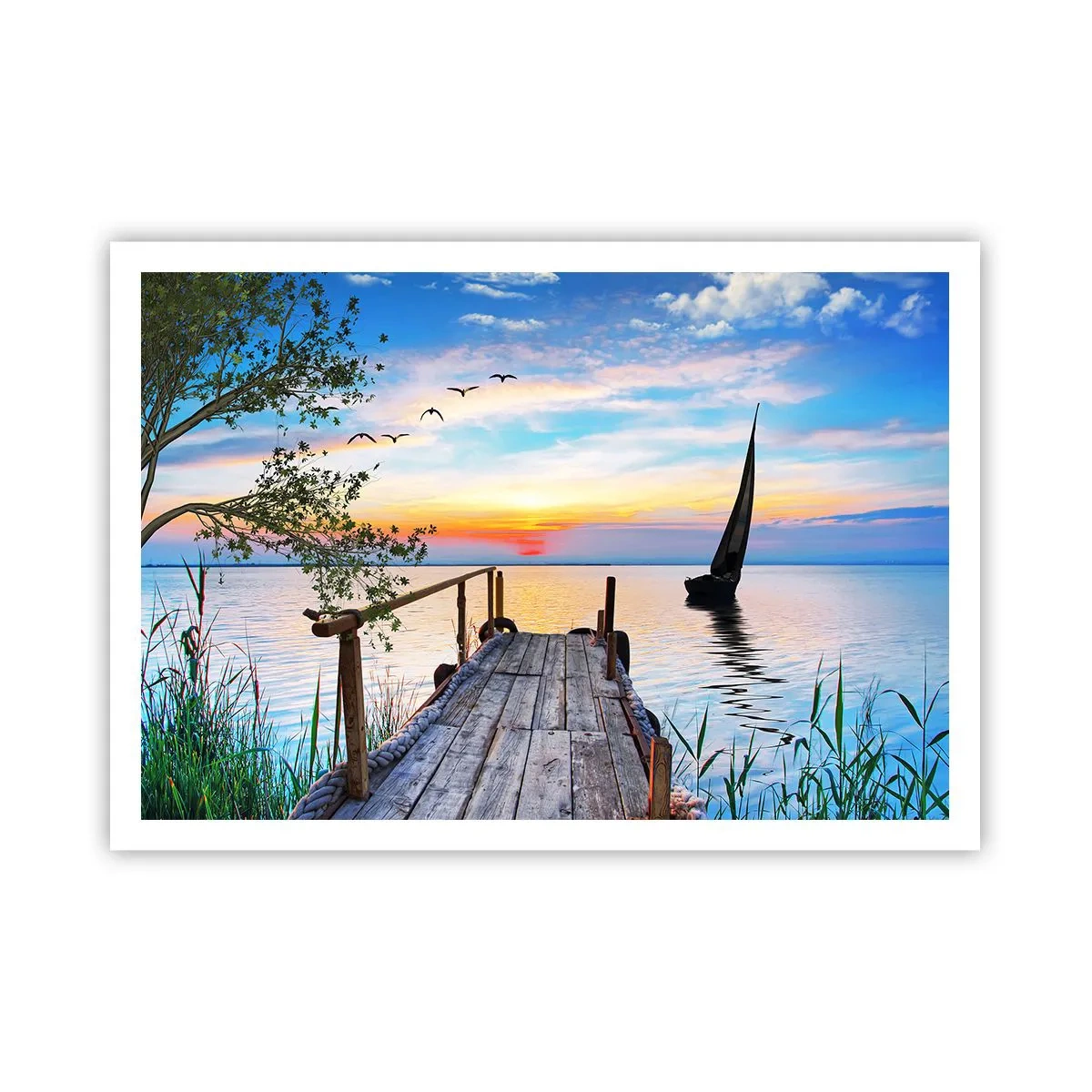 Plakat - Molo nad jeziorem z łodzią i zachodem słońca - 100x70cm - Dobry wieczór - Nowoczesna dekoracja ścienna do salonu i sypialni ARTTOR