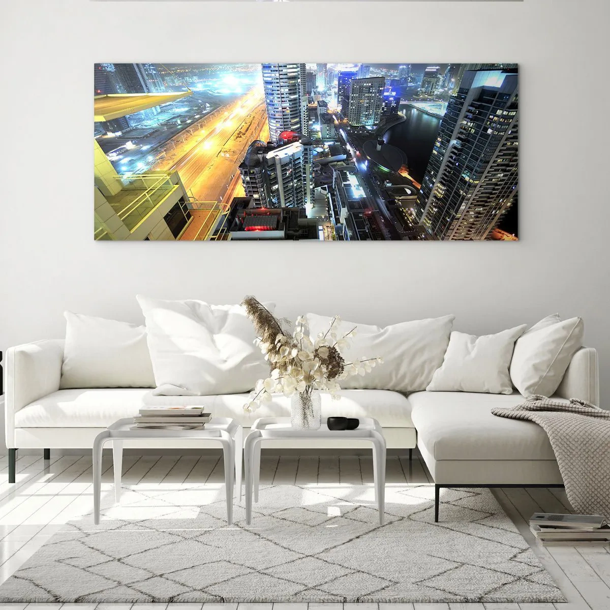 Obraz na szkle - Panorama nocnego miasta z oświetlonymi drapaczami chmur - 160x50cm - Cud na pustyni - Nowoczesna dekoracja ścienna do salonu i sypialni ARTTOR