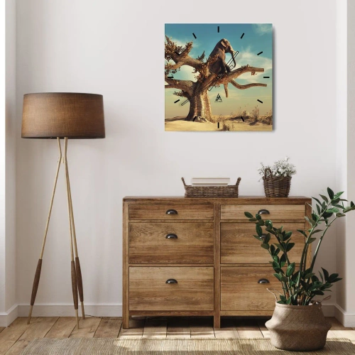 Zegar ścienny - Siedzący słoń na drzewie w surrealistycznym krajobrazie - 30x30cm - Nowy punkt widzenia - Nowoczesna dekoracja ścienna do salonu i sypialni ARTTOR