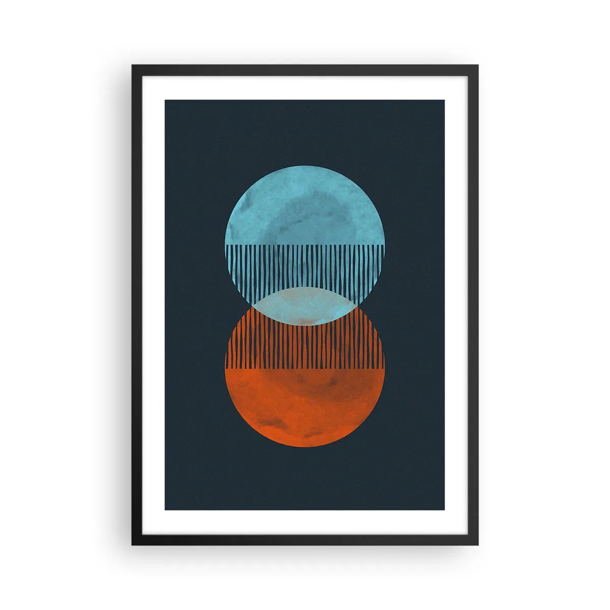 Plakat w czarnej ramie - Abstrakcyjne koła w odcieniach niebieskiego i pomarańczowego - 50x70cm - Astronomiczna fantazja - Nowoczesna dekoracja ścienna do salonu i sypialni ARTTOR