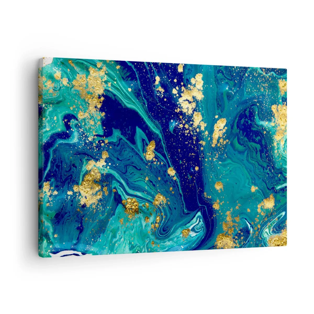 Obraz na płótnie - Abstrakcyjna kompozycja z błękitem, zielenią i złotymi akcentami - 70x50cm - Płatki słońca - Nowoczesna dekoracja ścienna do salonu i sypialni ARTTOR