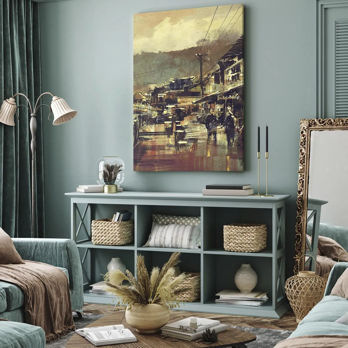 Obraz na płótnie - Miasteczko z mostem i uliczkami w artystycznym stylu - 70x100cm - Życie jako bogactwo szarości - Nowoczesna dekoracja ścienna do salonu i sypialni ARTTOR