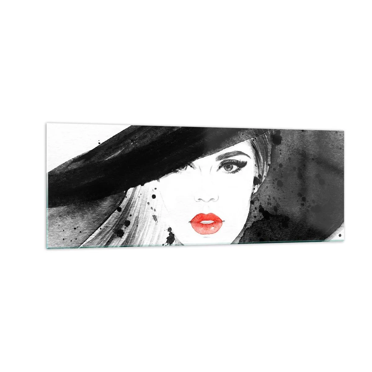 Obraz na szkle - Portret kobiety w kapeluszu z czerwonymi ustami - 140x50cm - Dama w czerni - Nowoczesna dekoracja ścienna do salonu i sypialni ARTTOR