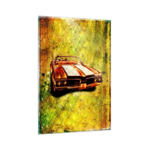 Obraz na szkle - Sportowy kabriolet retro w złotych odcieniach na tle vintage - 80x120cm - Moc zaklęta w kształtach - Nowoczesna dekoracja ścienna do salonu i sypialni ARTTOR