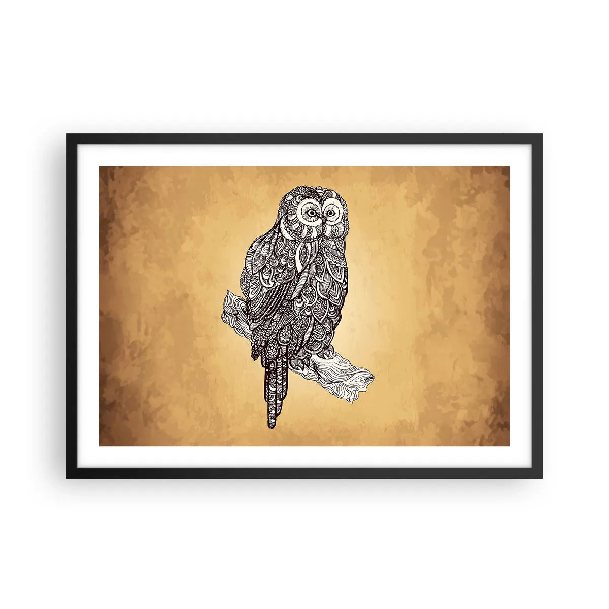 Plakat w czarnej ramie - Sowa w ornamentalnym stylu na tle w odcieniach beżu - 70x50cm - Misterne ornamenty mądrości - Nowoczesna dekoracja ścienna do salonu i sypialni ARTTOR