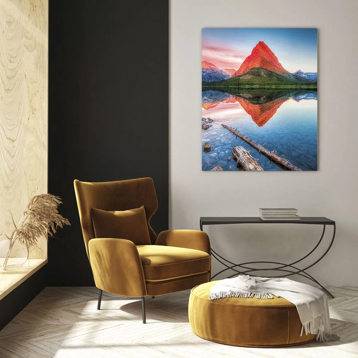 Obraz na szkle - Górski szczyt odbijający się w spokojnym jeziorze - 50x70cm - Żar i chłód - Nowoczesna dekoracja ścienna do salonu, kuchni i sypialni ARTTOR