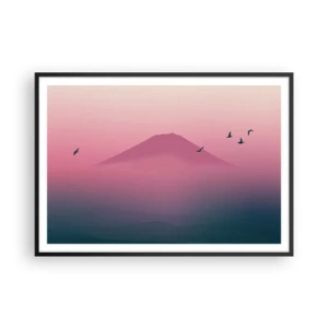 Plakat w czarnej ramie - Minimalistyczny krajobraz z górą i ptakami o wschodzie - 100x70cm - Wędrowcy ponad chmurami - Nowoczesna dekoracja ścienna do salonu i sypialni ARTTOR