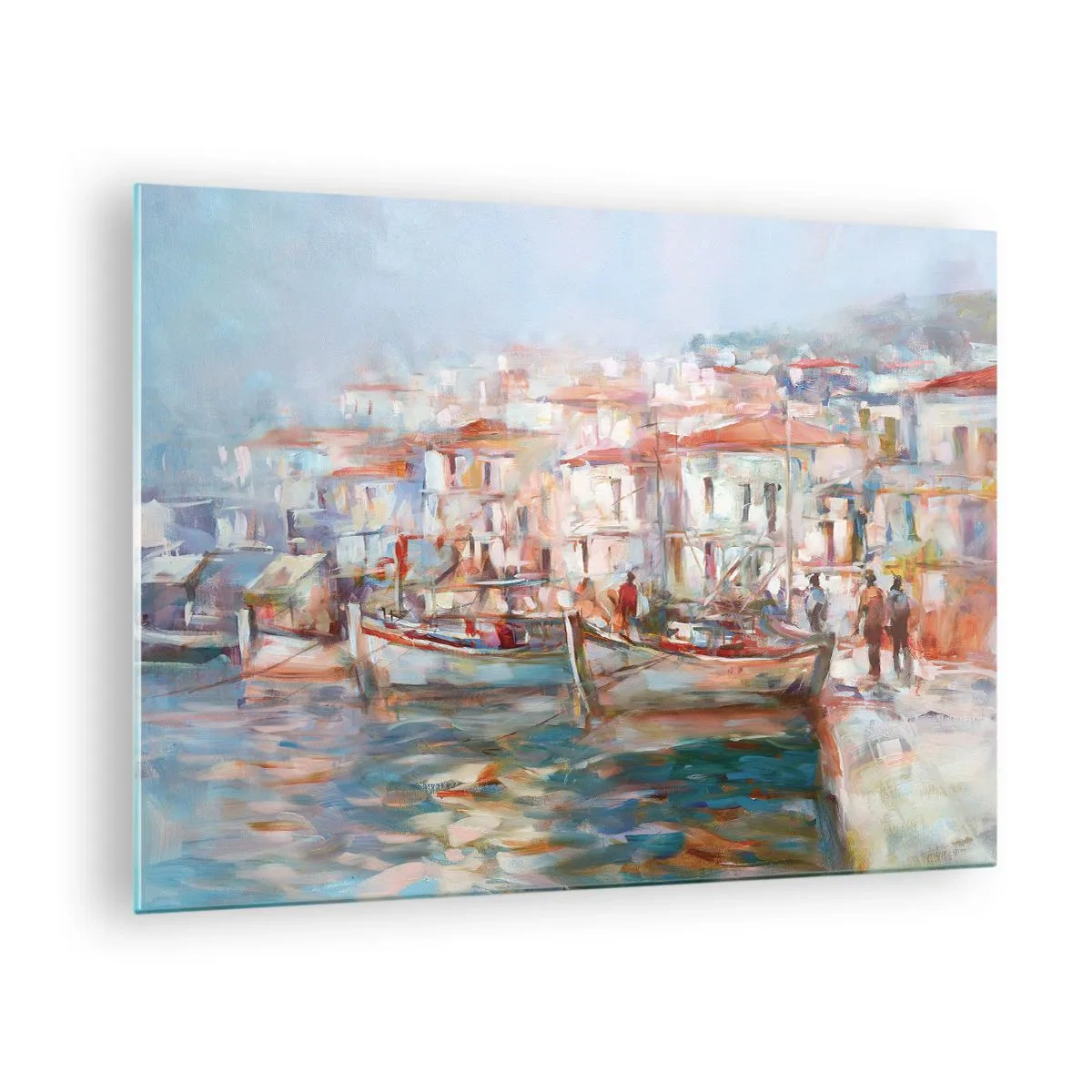 Obraz na szkle - Malowniczy port z łodziami w pastelowej kolorystyce - 70x50cm - Pastelowe wakacje - Nowoczesna dekoracja ścienna do salonu i sypialni ARTTOR