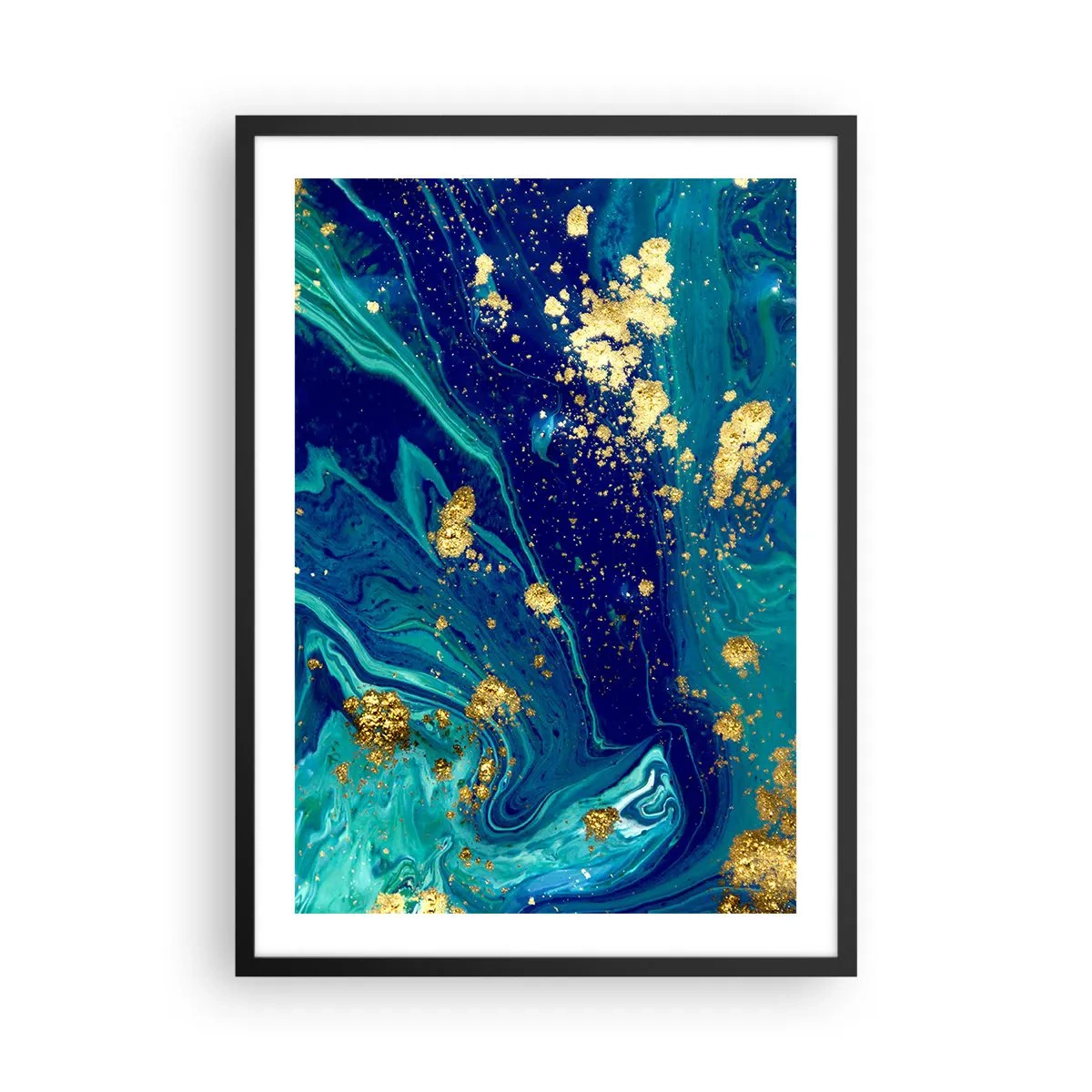Plakat w czarnej ramie - Abstrakcyjny wzór w odcieniach niebieskiego i złota - 50x70cm - Płatki słońca - Nowoczesna dekoracja ścienna do salonu i sypialni ARTTOR