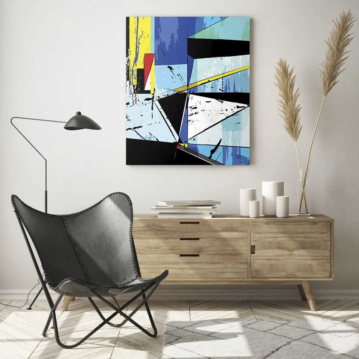 Obraz na szkle - Abstrakcyjna geometryczna kompozycja w żywych kolorach - 80x120cm - Patrzeć na świat pod kątem... - Nowoczesna dekoracja ścienna do salonu i sypialni ARTTOR