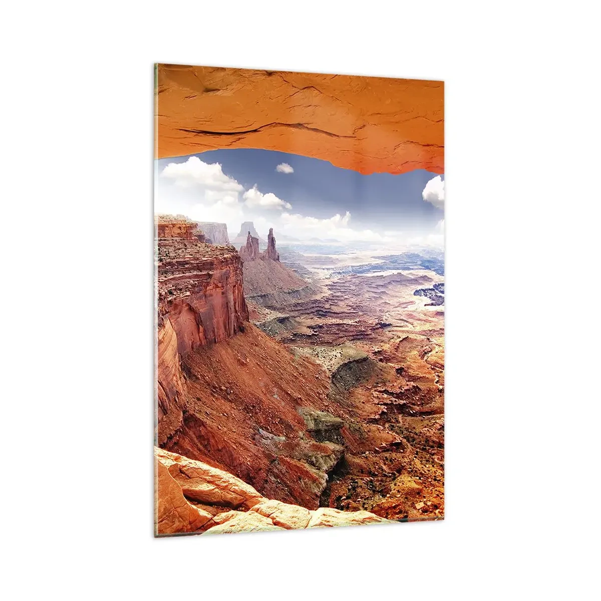 Obraz na szkle - Kanion widziany przez skalne okno z ciepłymi odcieniami skał - 80x120cm - Wyrzeźbione przez samą naturę - Nowoczesna dekoracja ścienna do salonu i sypialni ARTTOR
