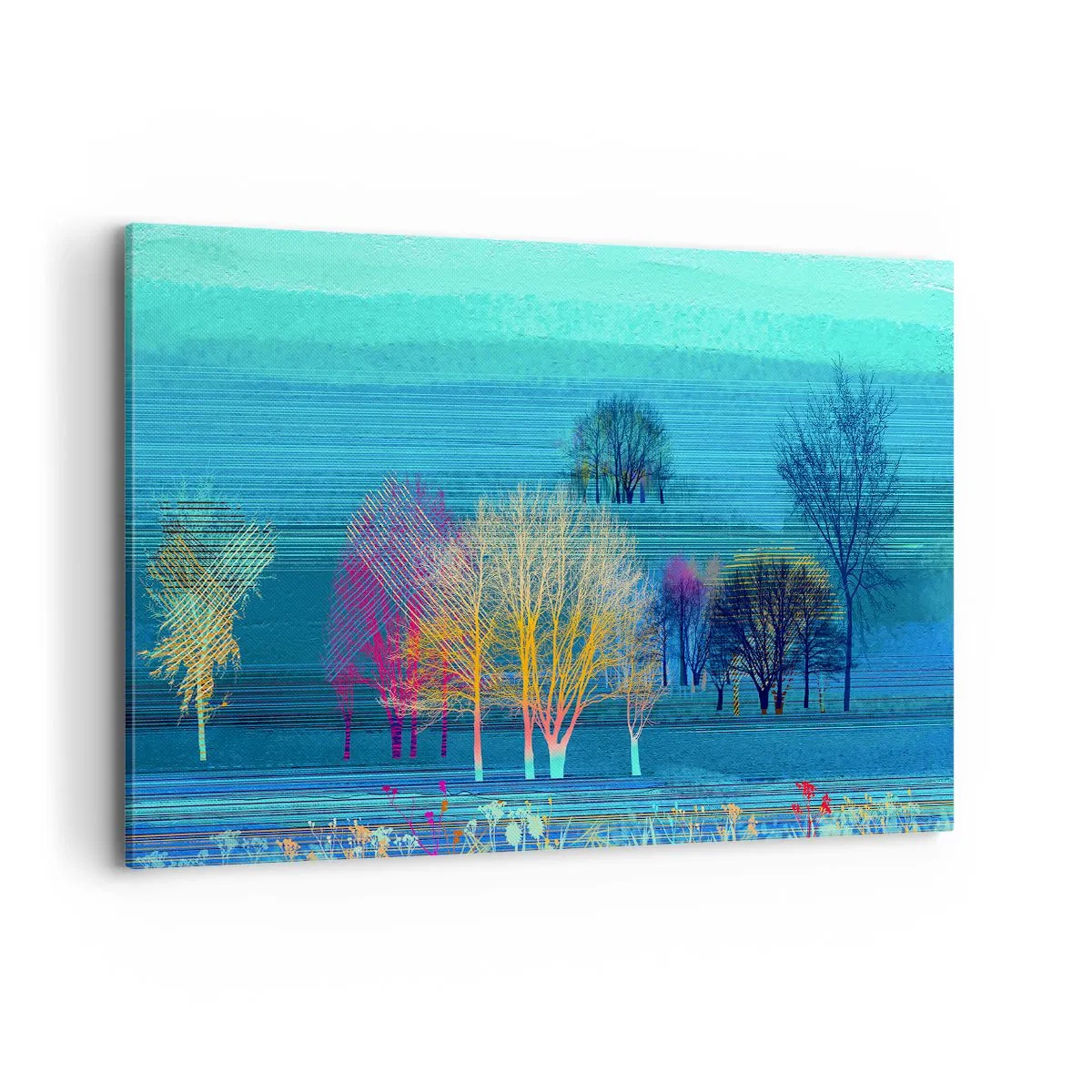 Obraz na płótnie - Kolorowe drzewa na tle niebieskiego, minimalistycznego krajobrazu - 120x80cm - Wyczesany pejzaż - Nowoczesna dekoracja ścienna do salonu, kuchni i sypialni ARTTOR