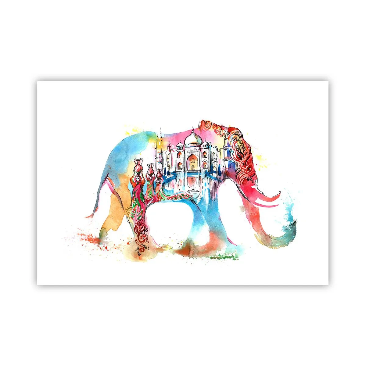 Plakat - Kolorowa akwarela słonia z motywem Taj Mahal - 100x70cm - Indie - aura miłości - Nowoczesna dekoracja ścienna do salonu i sypialni ARTTOR