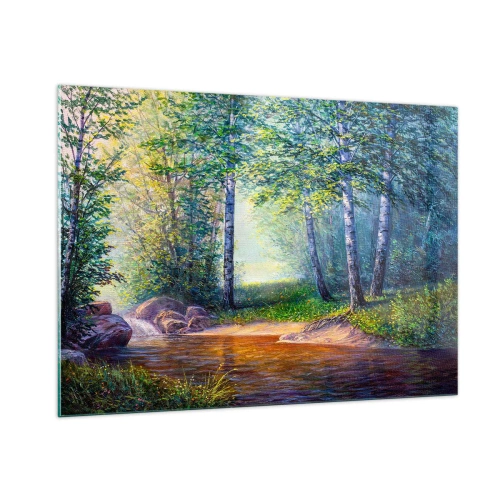 Obraz na szkle - Leśny strumień otoczony drzewami w promieniach słońca - 100x70cm - Sielankowa sceneria - Nowoczesna dekoracja ścienna do salonu, kuchni i sypialni ARTTOR