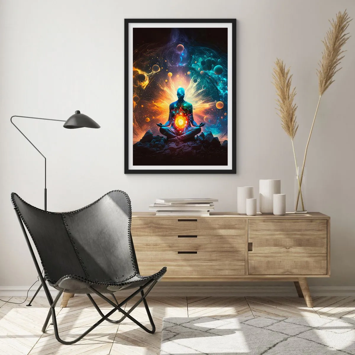 Plakat w czarnej ramie - Medytująca postać w kosmicznej aurze pełnej energii - 50x70cm - Kosmiczny spokój - Nowoczesna dekoracja ścienna do salonu i sypialni ARTTOR