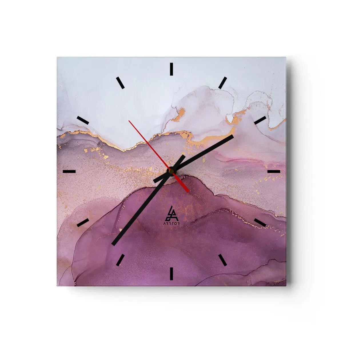 Zegar ścienny - Abstrakcyjna kompozycja w odcieniach fioletu i złota - 30x30cm - Fale lila i fioletu - Nowoczesna dekoracja ścienna do salonu i sypialni ARTTOR