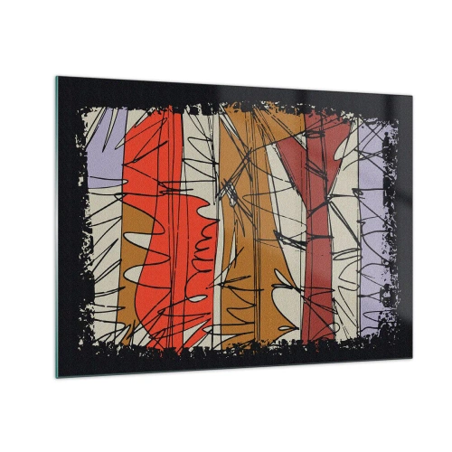 Obraz na szkle - Graficzna abstrakcja z kolorowymi pasami i czarnymi liniami - 70x50cm - Kompozycja spontaniczna - Nowoczesna dekoracja ścienna do salonu i sypialni ARTTOR