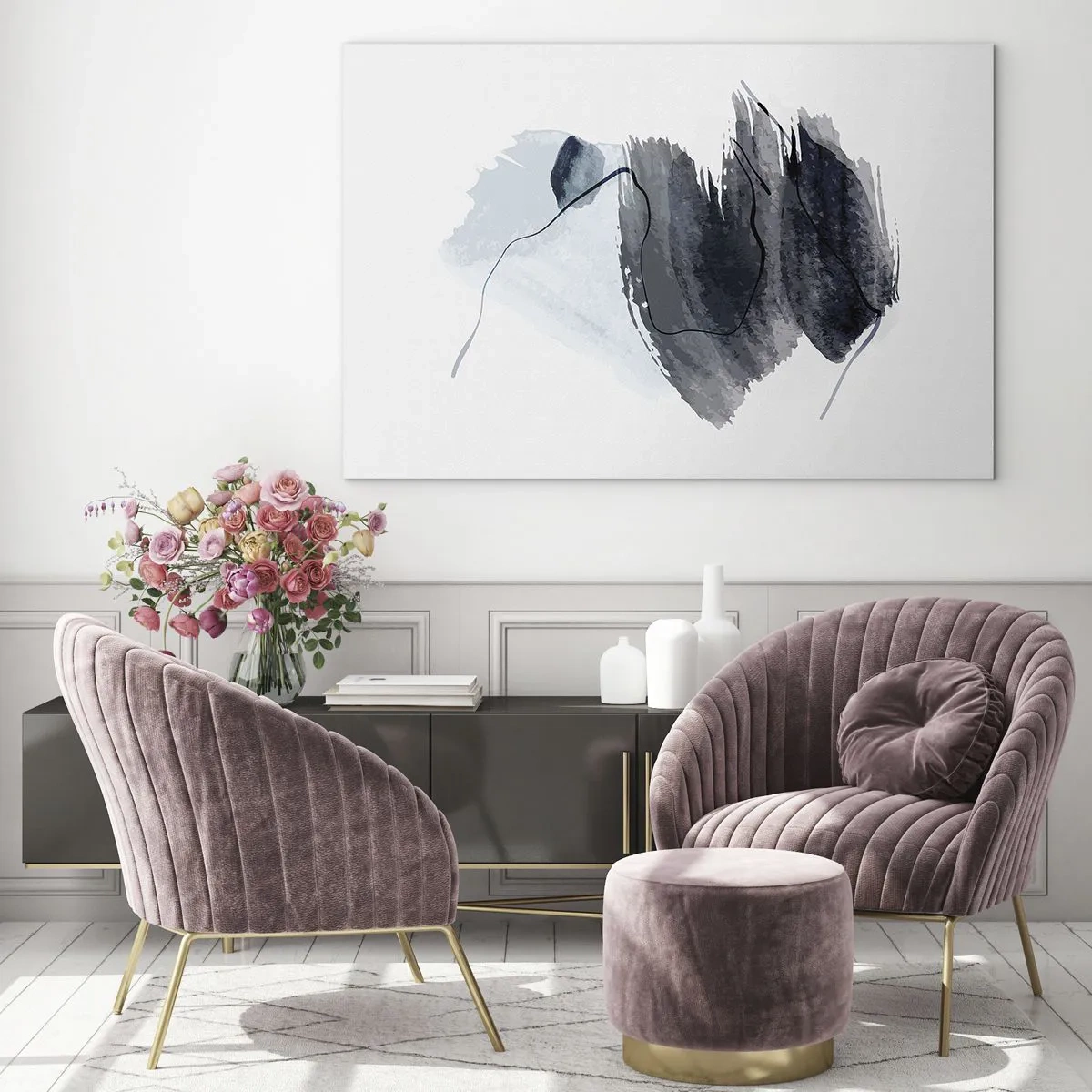 Obraz na szkle - Abstrakcyjna kompozycja w odcieniach granatu i szarości - 70x50cm - Intensywność i ruch - Nowoczesna dekoracja ścienna do salonu i sypialni ARTTOR