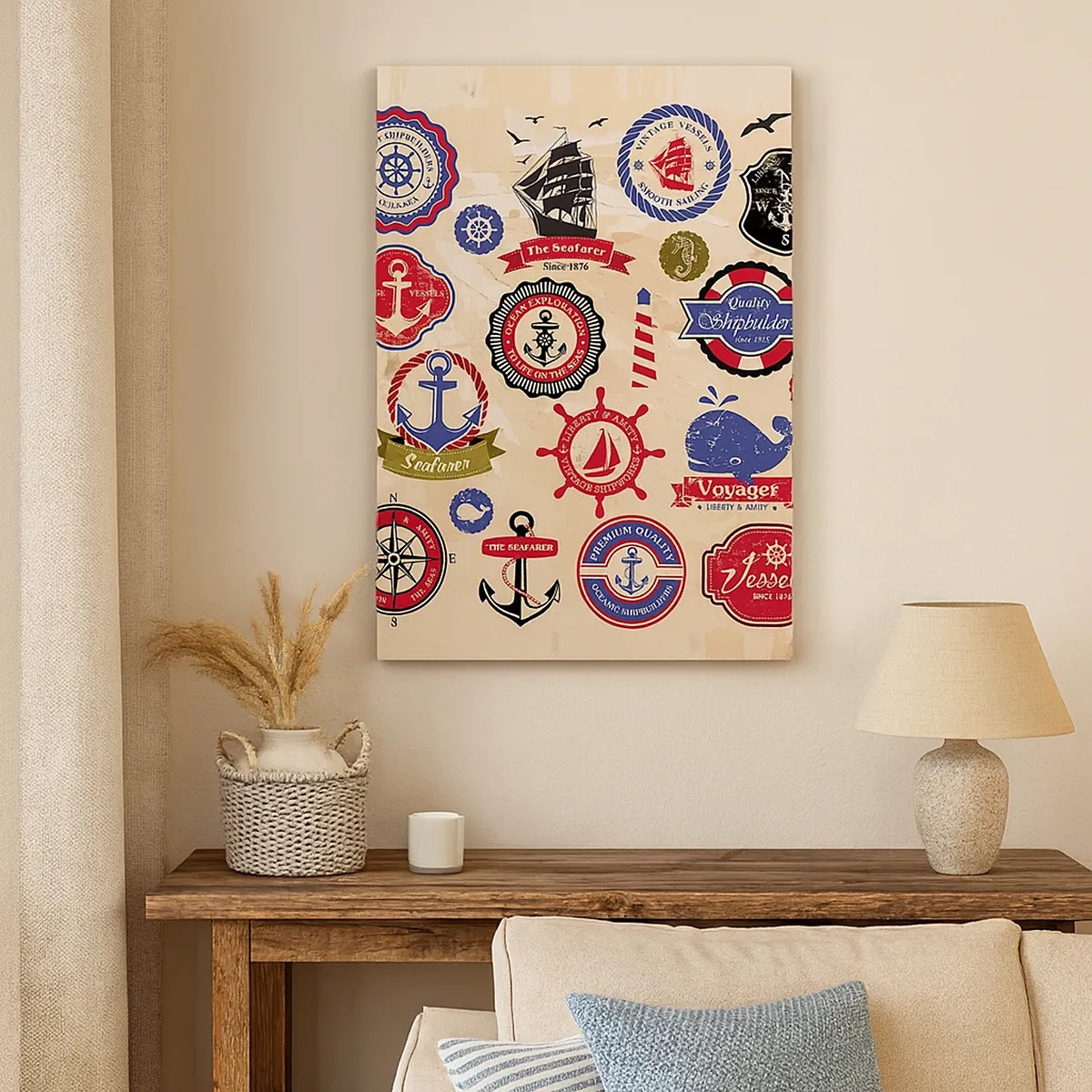 Obraz na płótnie - Marynistyczne symbole i emblematy w stylu vintage - 50x70cm - Żeglarskie braterstwo - Nowoczesna dekoracja ścienna do salonu, kuchni i sypialni ARTTOR