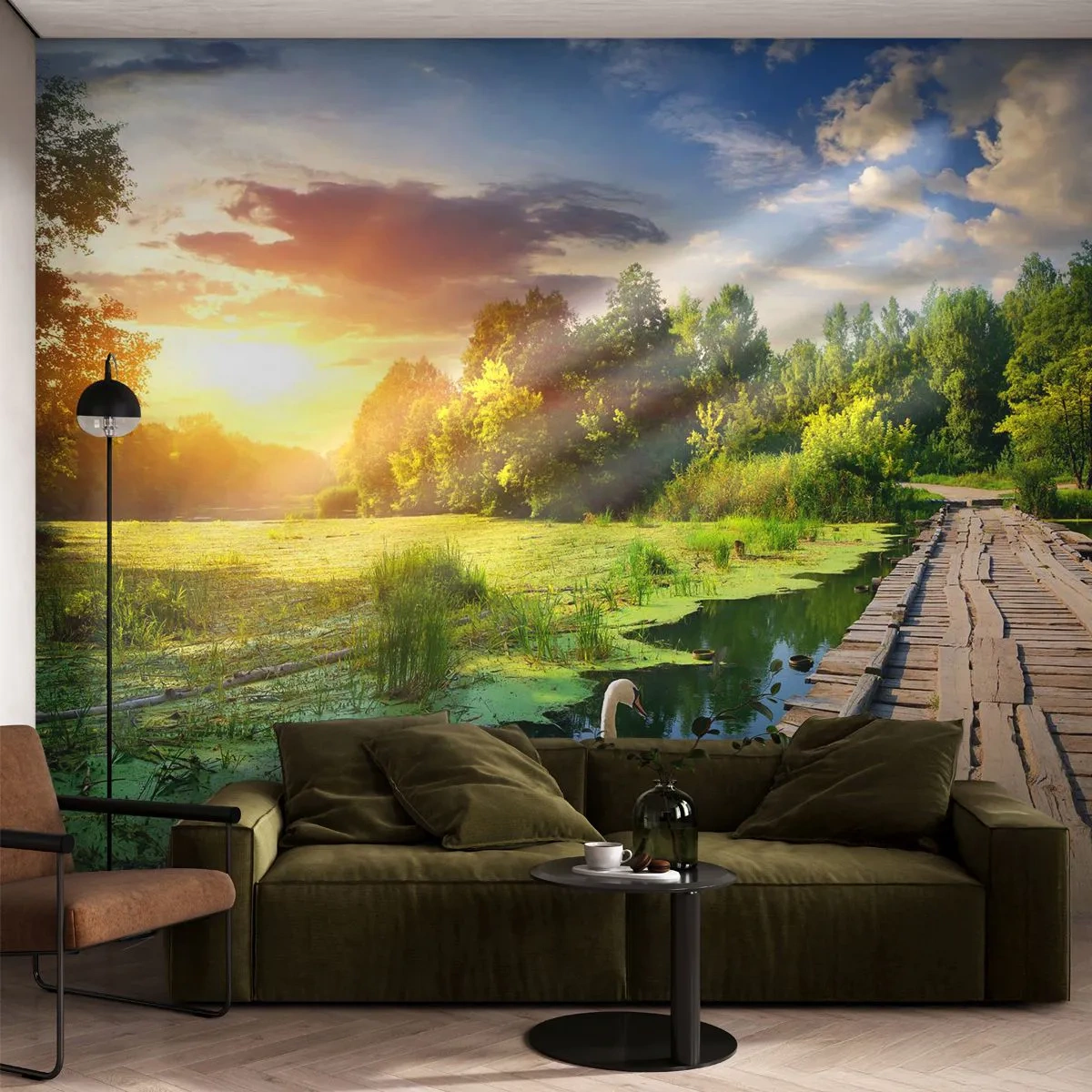 Fototapeta Premium Sand - Drewniany pomost nad jeziorem z łabędziem o zachodzie słońca - 100x70cm - Lato, lato wszędzie - Nowoczesna dekoracja ścienna do salonu, kuchni i sypialni ARTTOR