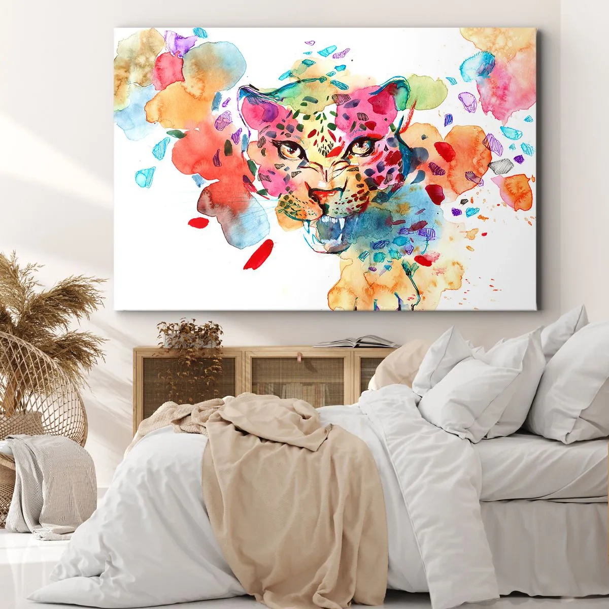Obraz na płótnie - Abstrakcyjny portret lamparta w intensywnych kolorach - 70x50cm - Piękna i bestia - Nowoczesna dekoracja ścienna do salonu i sypialni ARTTOR