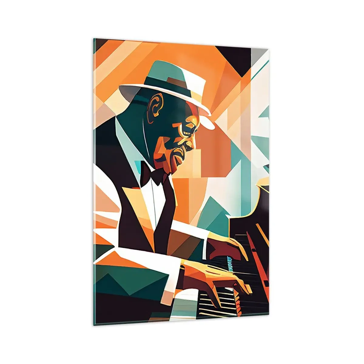 Obraz na szkle - Abstrakcyjny muzyk grający na fortepianie w ciepłych barwach - 80x120cm - Cały ten jazz - Nowoczesna dekoracja ścienna do salonu i sypialni ARTTOR