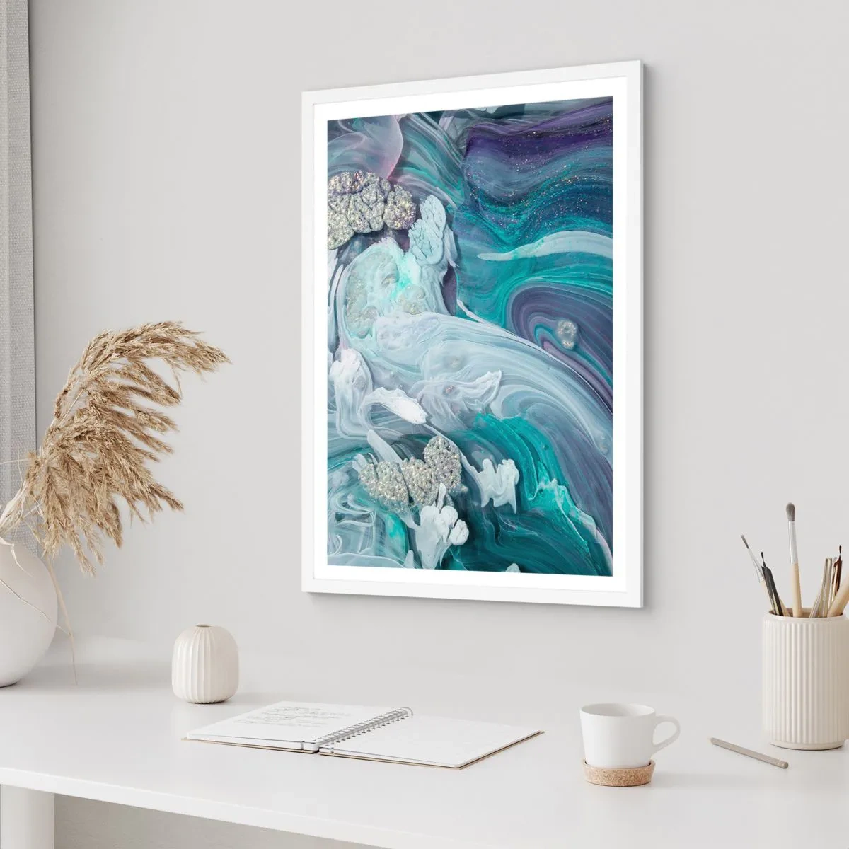 Plakat w białej ramie - Nurty błękitu - 70x100 cm