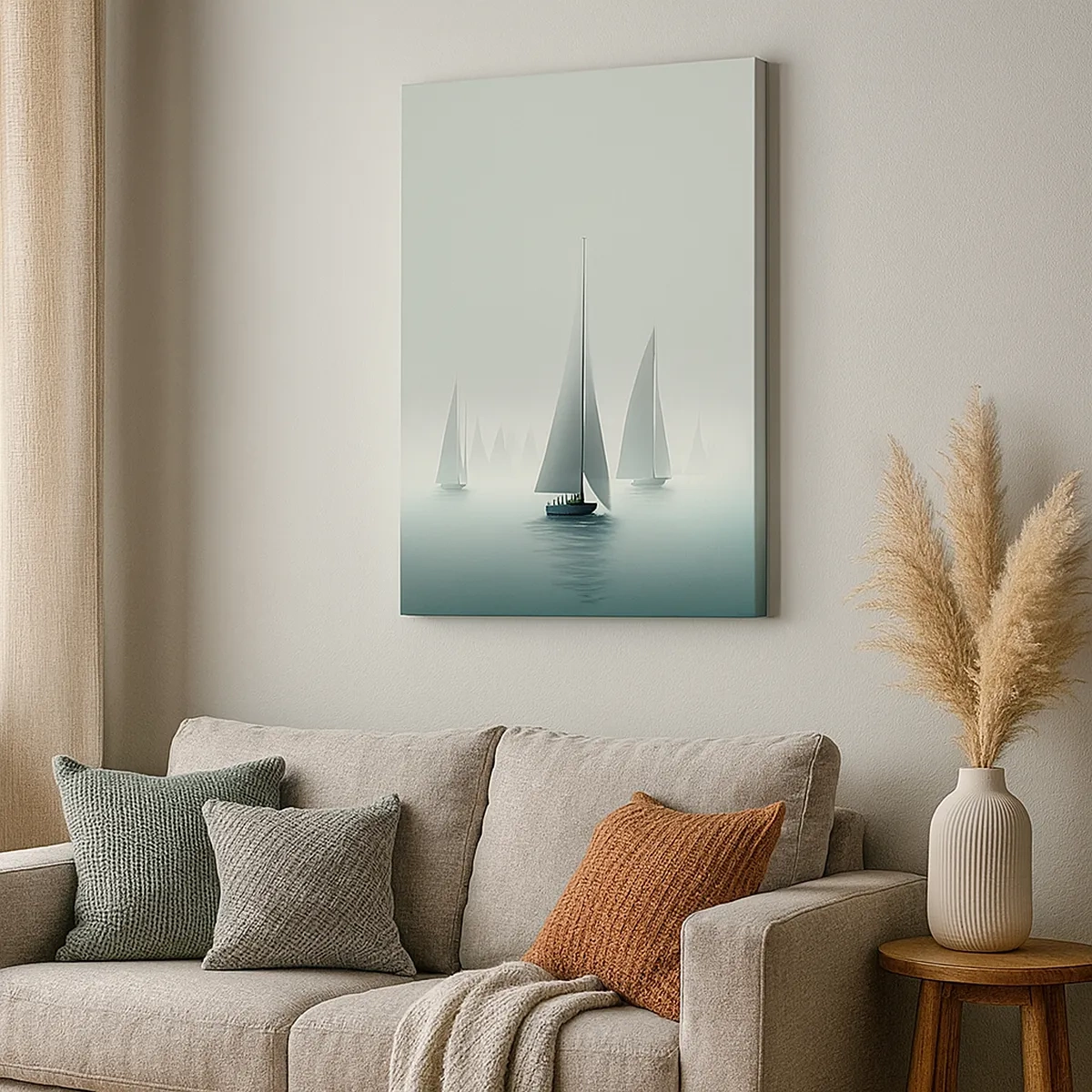 Obraz na płótnie - Żaglówki na spokojnym morzu otoczone tajemniczą mgłą - 50x70cm - Zbudowane z mgły - Nowoczesna dekoracja ścienna do salonu, kuchni i sypialni ARTTOR