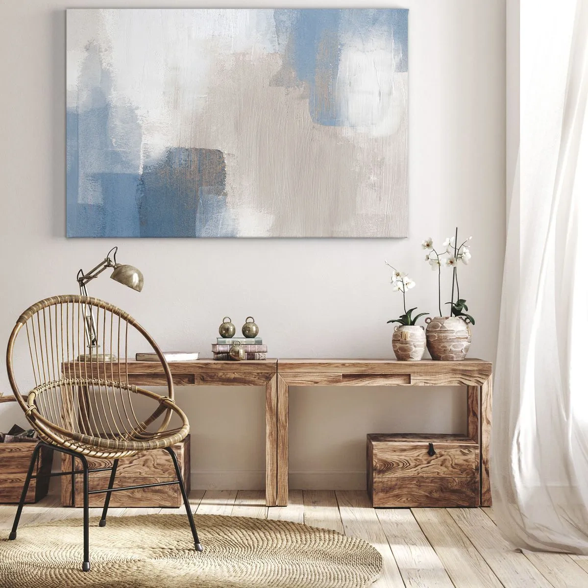 Obraz na płótnie - Abstrakcyjne kształty w odcieniach błękitu i beżu - 70x50cm - Abstrakcja różowa za zasłoną błękitu - Nowoczesna dekoracja ścienna do salonu i sypialni ARTTOR