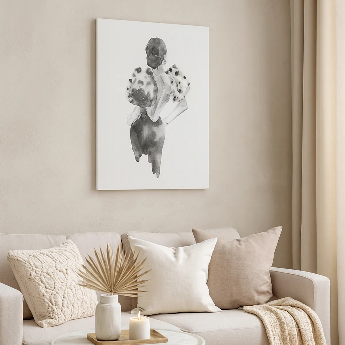 Obraz na płótnie - Czarno-biała akwarela kobiety w eleganckim stroju z bufkami - 50x70cm - Przeszła tuż obok - Nowoczesna dekoracja ścienna do salonu, kuchni i sypialni ARTTOR