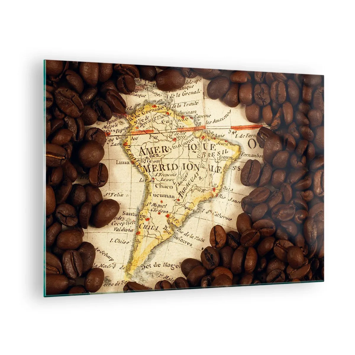 Obraz na szkle - Mapa Ameryki Południowej otoczona ziarnami kawy - 70x50cm - Skąd pochodzi najlepsza kawa? - Nowoczesna dekoracja ścienna do salonu i sypialni ARTTOR