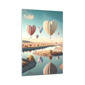Obraz na szkle - Balony w kształcie serc unoszące się nad krajobrazem - 70x100cm - Miłość pozwala wznieść się - Nowoczesna dekoracja ścienna do salonu i sypialni ARTTOR