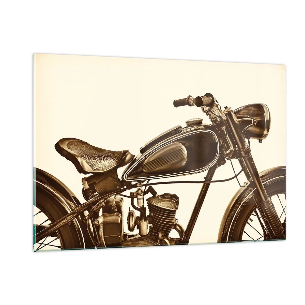 Obraz na szkle - Stylowy motocykl retro w odcieniach sepii na jasnym tle - 120x80cm - Tęsknota za klasyką - Nowoczesna dekoracja ścienna do salonu, kuchni i sypialni ARTTOR