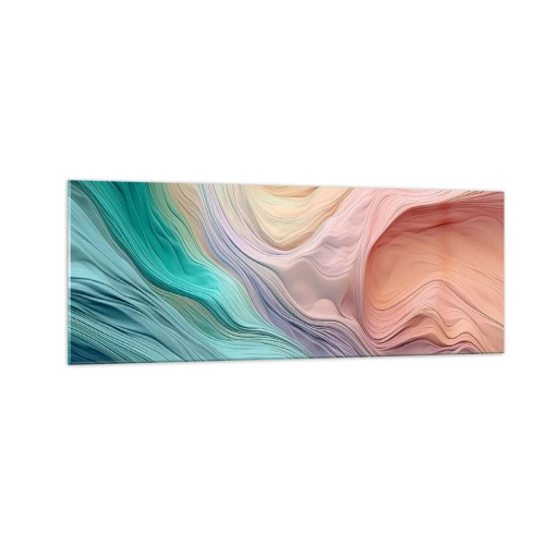Obraz na szkle - Abstrakcyjne fale w pastelowych i tęczowych kolorach - 140x50cm - Tęczowa fala - Nowoczesna dekoracja ścienna do salonu i sypialni ARTTOR