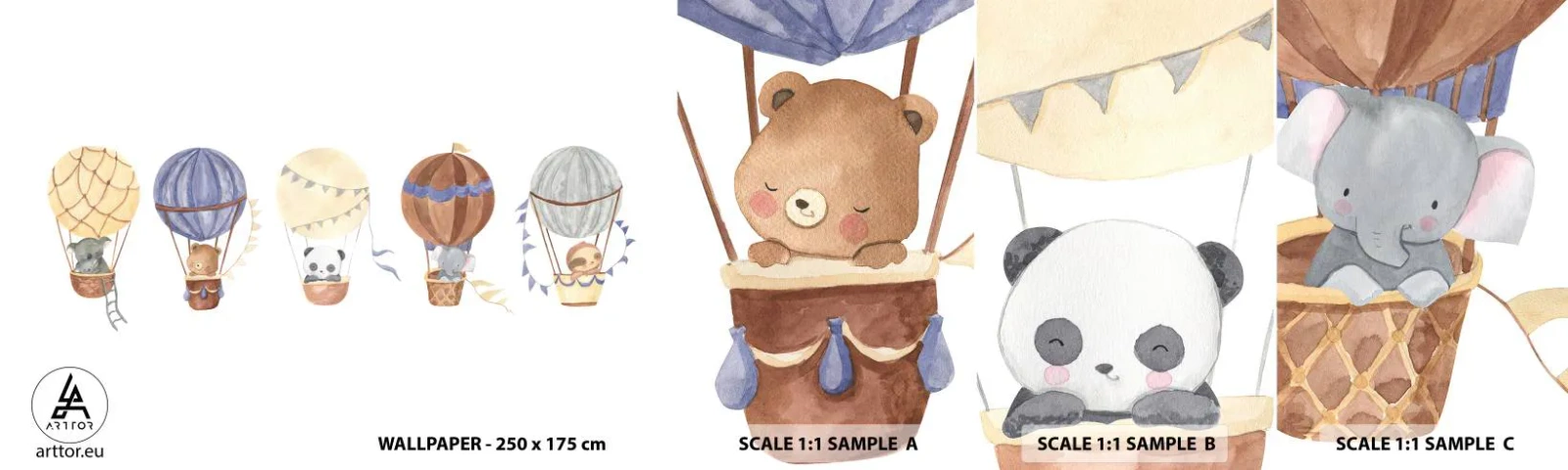 Fototapeta Próbka Standard Eco - Przyjaciele w podróży - Balony, Zwierzęta, Dziecięce - 100x30 cm