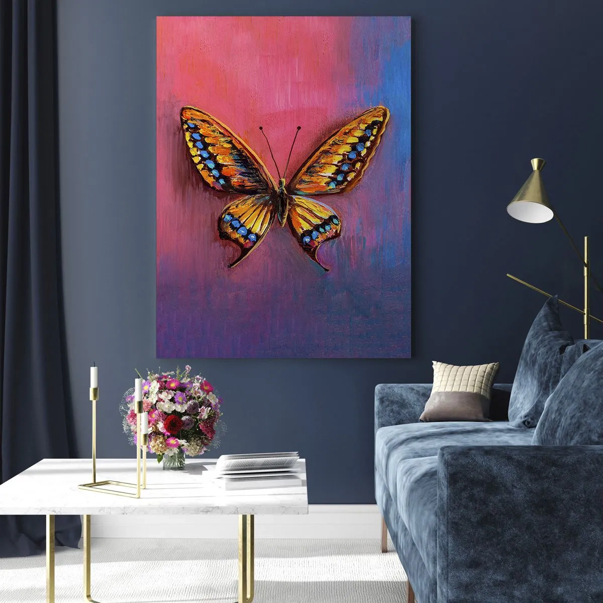 Obraz na szkle - Kolorowy motyl na tle w odcieniach różu i fioletu - 50x70cm - Klejnot natury - Nowoczesna dekoracja ścienna do salonu, kuchni i sypialni ARTTOR