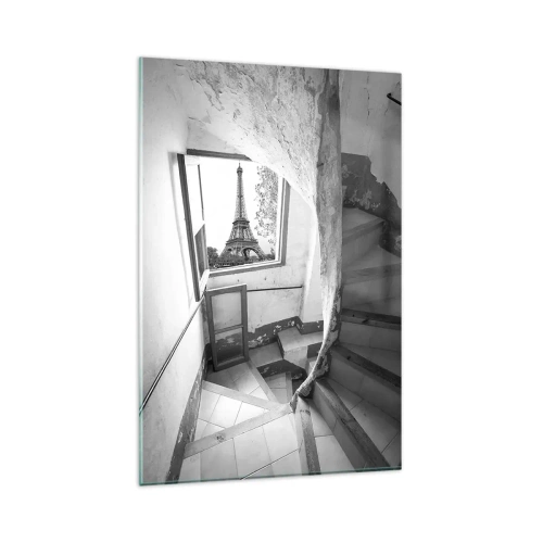 Obraz na szkle - Schody w starej kamienicy z widokiem na wieżę Eiffla przez okno - 80x120cm - Co za widok! - Nowoczesna dekoracja ścienna do salonu i sypialni ARTTOR