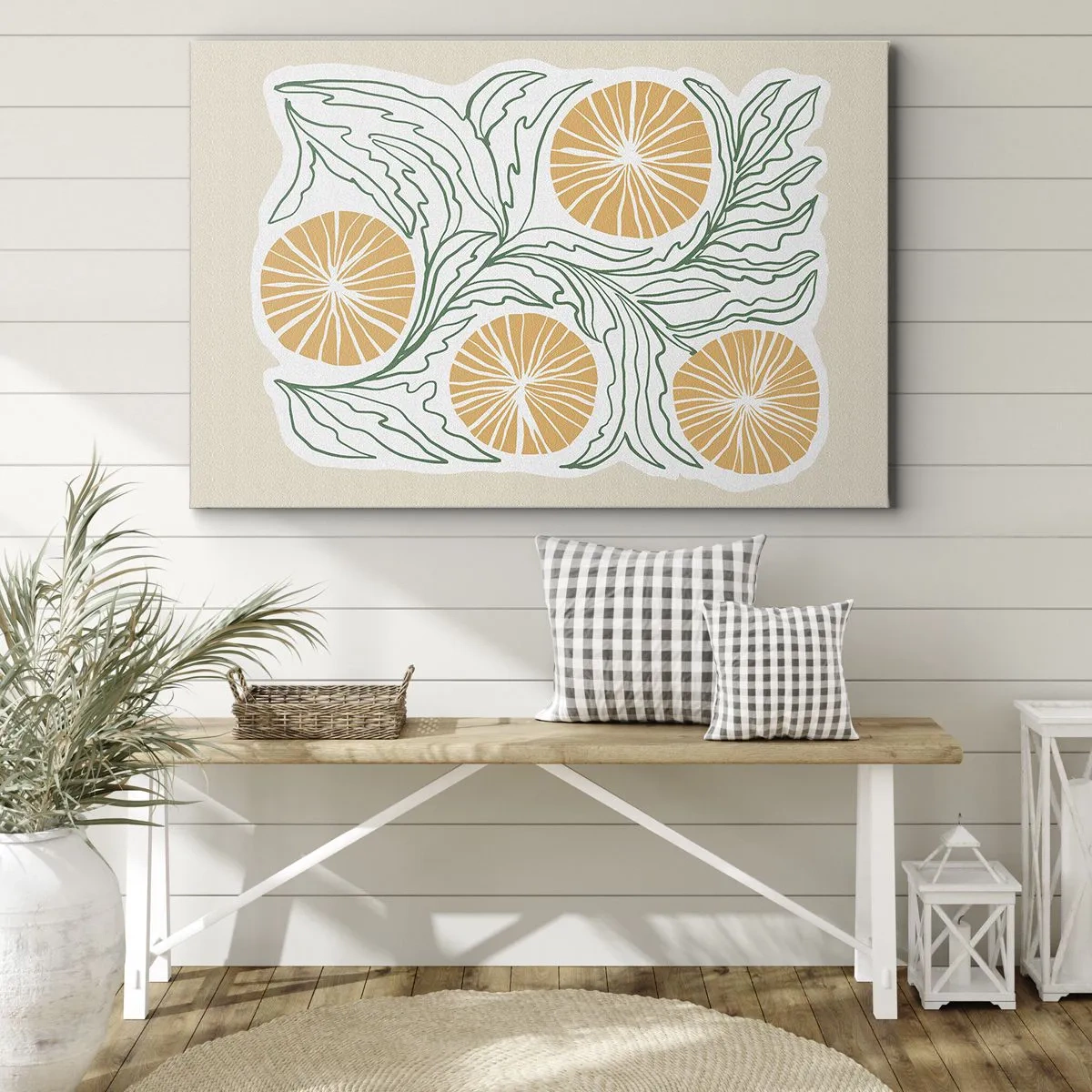 Obraz na płótnie - Minimalistyczny motyw pomarańczy z zielonymi liśćmi - 70x50cm - Etnicznie z nutą abstrakcji - Nowoczesna dekoracja ścienna do salonu i sypialni ARTTOR