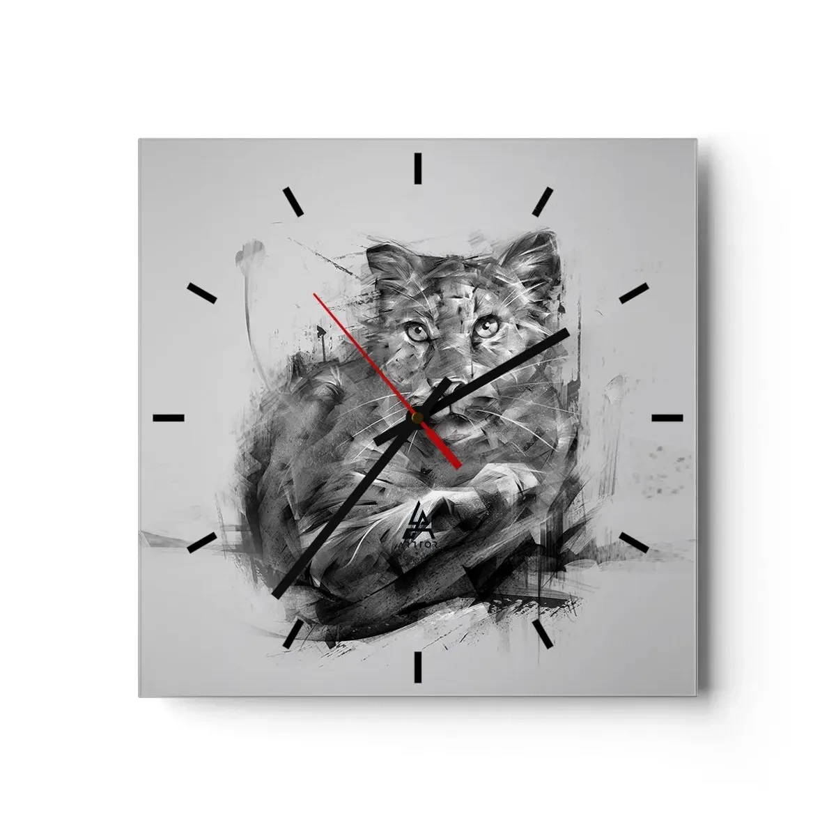 Zegar ścienny - Czarno-biały portret lwa w artystycznym stylu z dynamicznymi pociągnięciami - 30x30cm - Tak, słucham uważnie - Nowoczesna dekoracja ścienna do salonu i sypialni ARTTOR