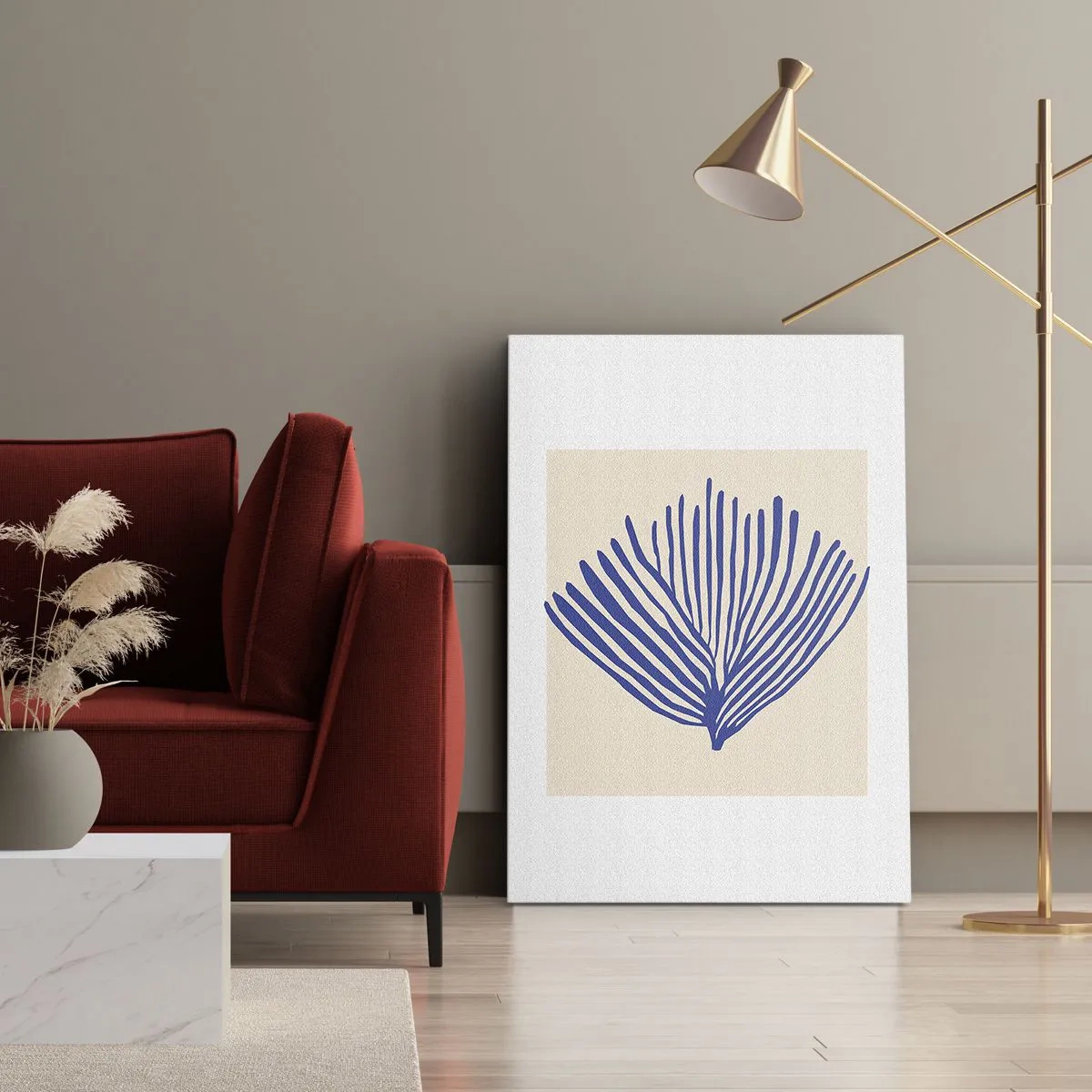 Obraz na płótnie - Minimalistyczna grafika przedstawiająca liść palmy w odcieniu błękitu - 70x100cm - Niebieski wachlarz - Nowoczesna dekoracja ścienna do salonu i sypialni ARTTOR