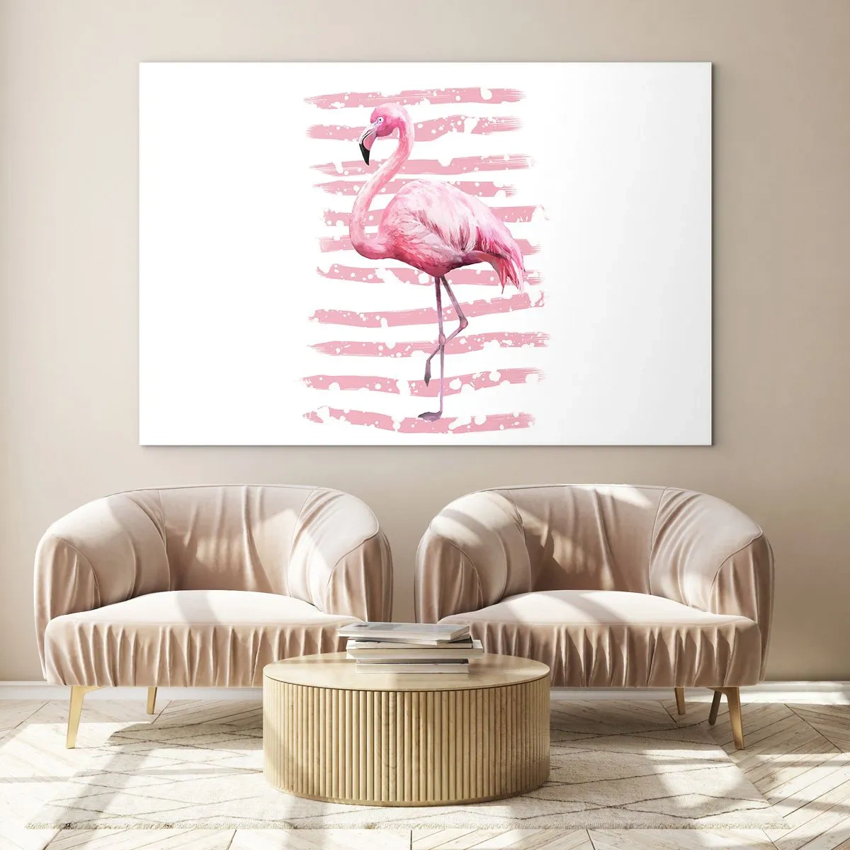 Obraz na szkle - Różowy flaming na tle artystycznych różowych pasów - 70x50cm - Z godnościa, choć na różowo - Nowoczesna dekoracja ścienna do salonu i sypialni ARTTOR