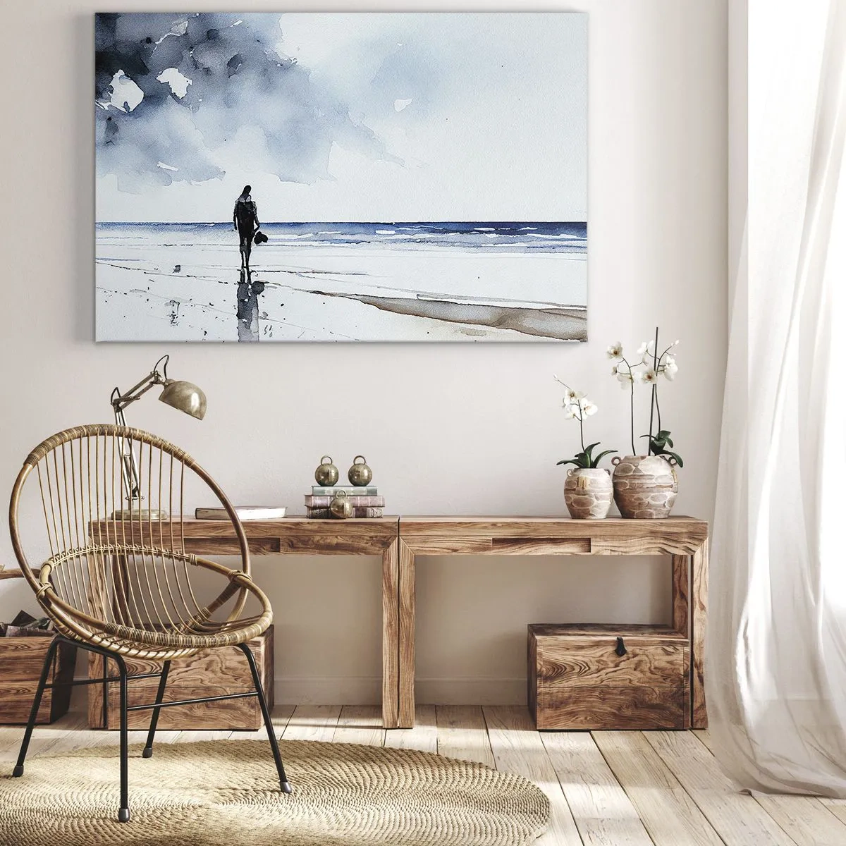 Obraz na płótnie - Postać na plaży w spokojnym otoczeniu morza - 70x50cm - Rozmowa z morzem - Nowoczesna dekoracja ścienna do salonu i sypialni ARTTOR