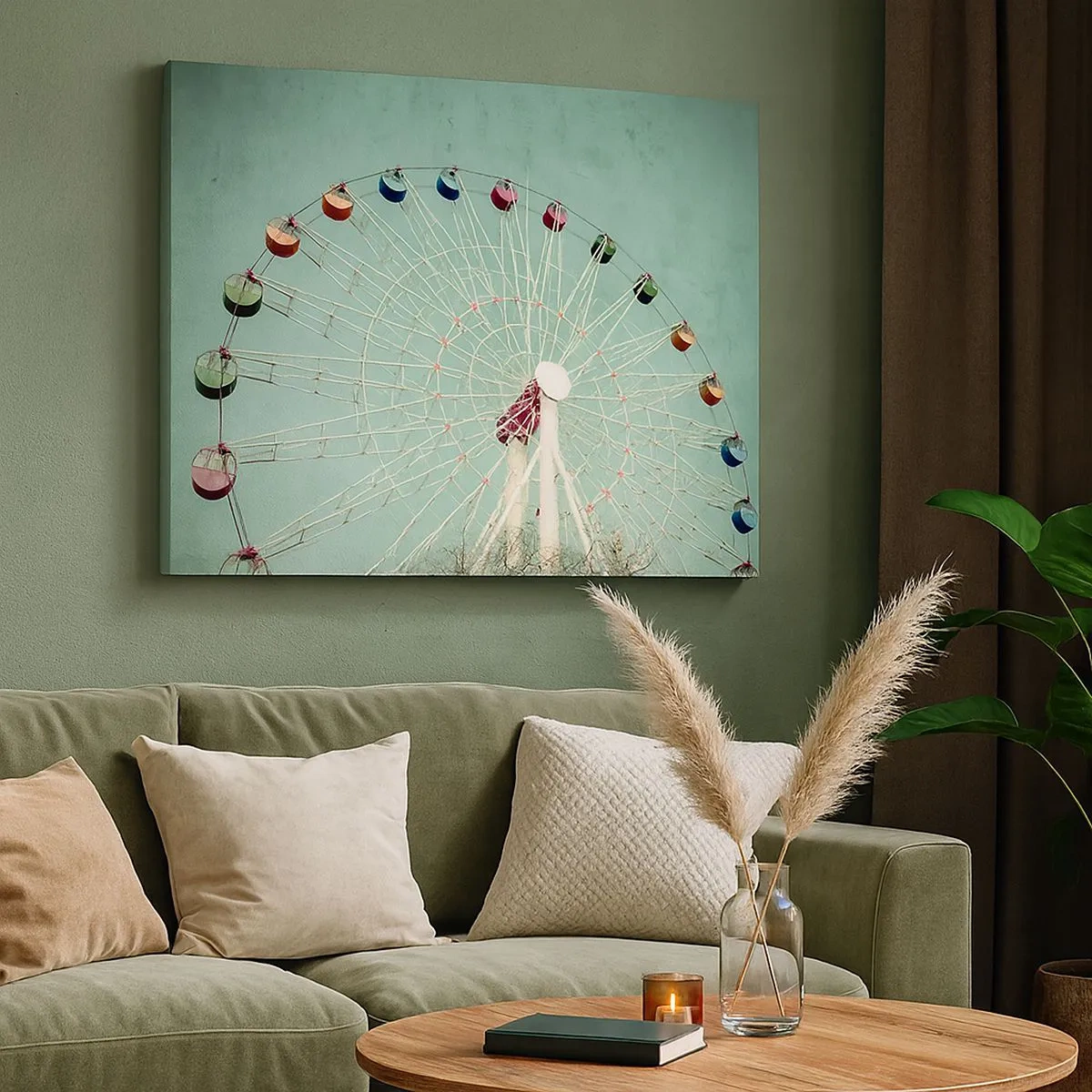 Obraz na płótnie - Kolorowy diabelski młyn na tle błękitnego nieba w stylu retro - 70x50cm - Zapraszamy do zabawy - Nowoczesna dekoracja ścienna do salonu i sypialni ARTTOR