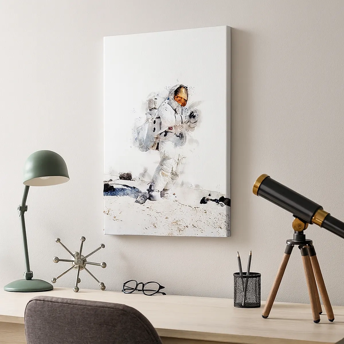 Obraz na płótnie - Astronauta na powierzchni Księżyca w białym skafandrze - 50x70cm - Wysłannik Ziemi - Nowoczesna dekoracja ścienna do salonu, kuchni i sypialni ARTTOR