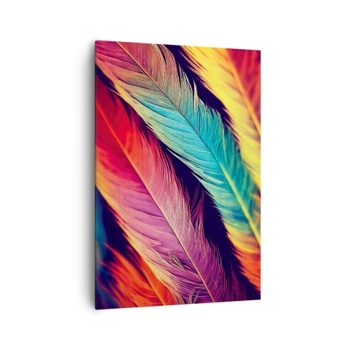 Obraz na płótnie - Kolorowe pióra w intensywnych barwach - 70x100cm - Pierzasta tęcza - Nowoczesna dekoracja ścienna do salonu i sypialni ARTTOR